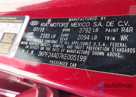 2019 Kia Forte Lxs z USA, uszkodzony, nr VIN 3KPF24AD7KE005199